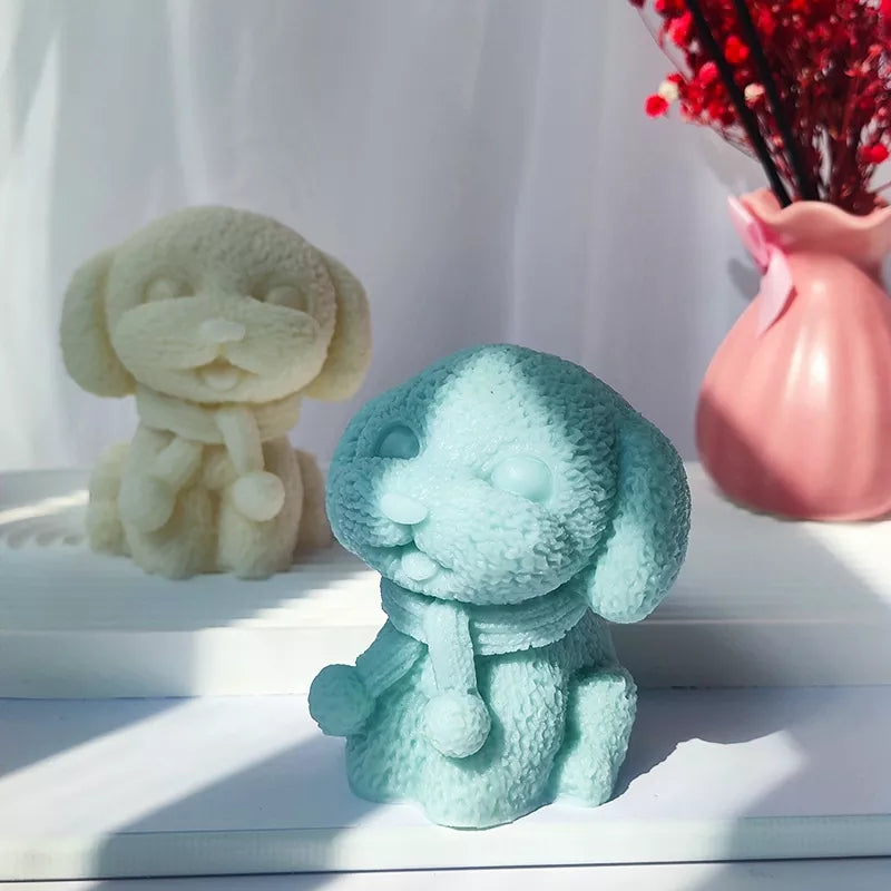 Warm Puppy Candle Mould 4 - Silicone Mould, Mold for DIY Candles. Created using candle making kit with cotton candle wicks and candle colour chips. Using soy wax for pillar candles. Sold by Myka Candles Moulds Australia