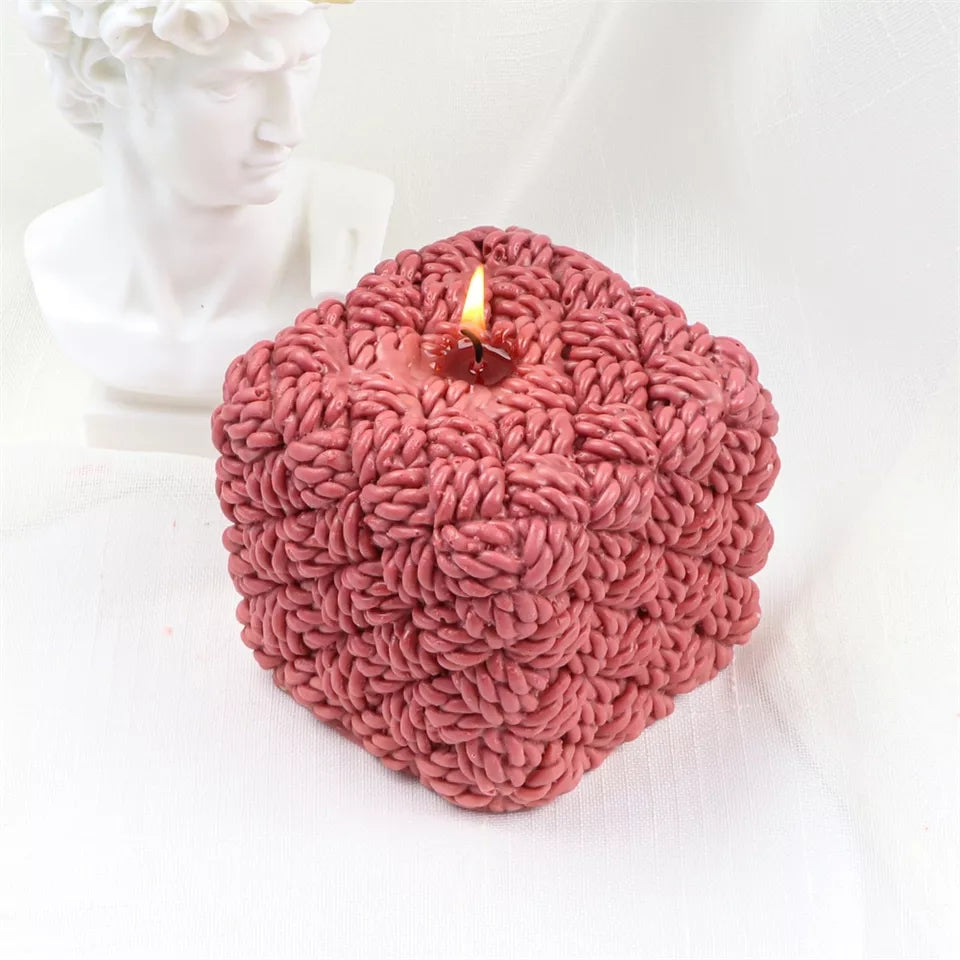 Knitted Cube Candle Mould 4 - Silicone Mould, Mold for DIY Candles. Created using candle making kit with cotton candle wicks and candle colour chips. Using soy wax for pillar candles. Sold by Myka Candles Moulds Australia