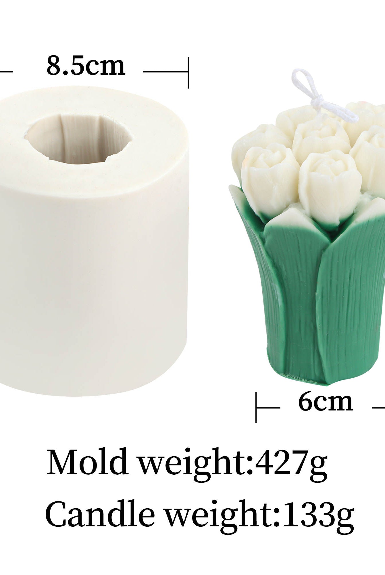 Tulip Bouquet Candle Mould 4 - Silicone Mould, Mold for DIY Candles. Created using candle making kit with cotton candle wicks and candle colour chips. Using soy wax for pillar candles. Sold by Myka Candles Moulds Australia