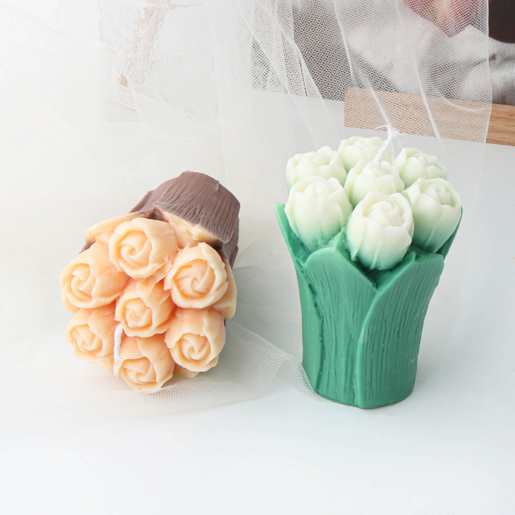 Tulip Bouquet Candle Mould 3 - Silicone Mould, Mold for DIY Candles. Created using candle making kit with cotton candle wicks and candle colour chips. Using soy wax for pillar candles. Sold by Myka Candles Moulds Australia