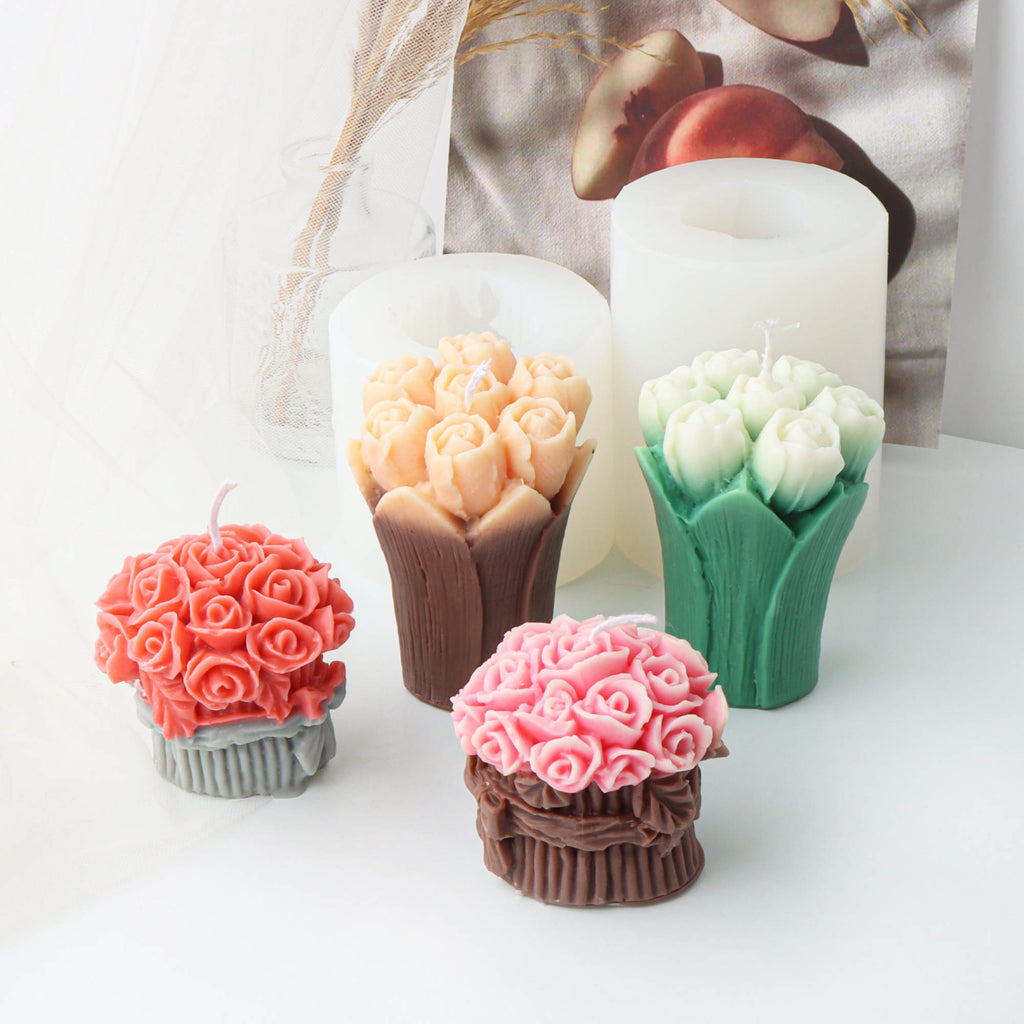 Mini Bouquet Candle Mould 3 - Silicone Mould, Mold for DIY Candles. Created using candle making kit with cotton candle wicks and candle colour chips. Using soy wax for pillar candles. Sold by Myka Candles Moulds Australia