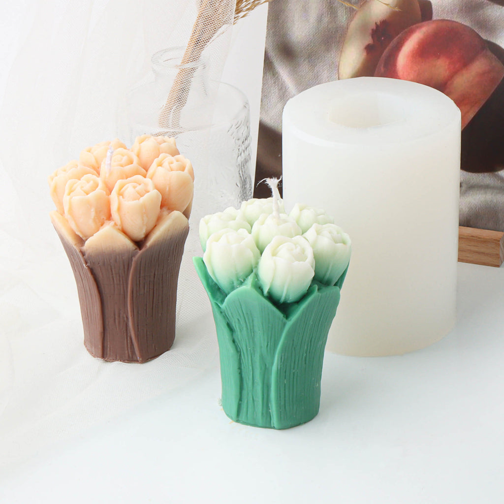 Tulip Bouquet Candle Mould 0 - Silicone Mould, Mold for DIY Candles. Created using candle making kit with cotton candle wicks and candle colour chips. Using soy wax for pillar candles. Sold by Myka Candles Moulds Australia