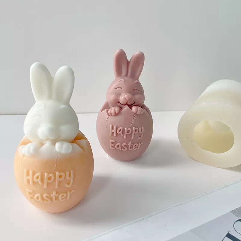 Happy Easter Bunny Candle Mould 3 - Silicone Mould, Mold for DIY Candles. Created using candle making kit with cotton candle wicks and candle colour chips. Using soy wax for pillar candles. Sold by Myka Candles Moulds Australia