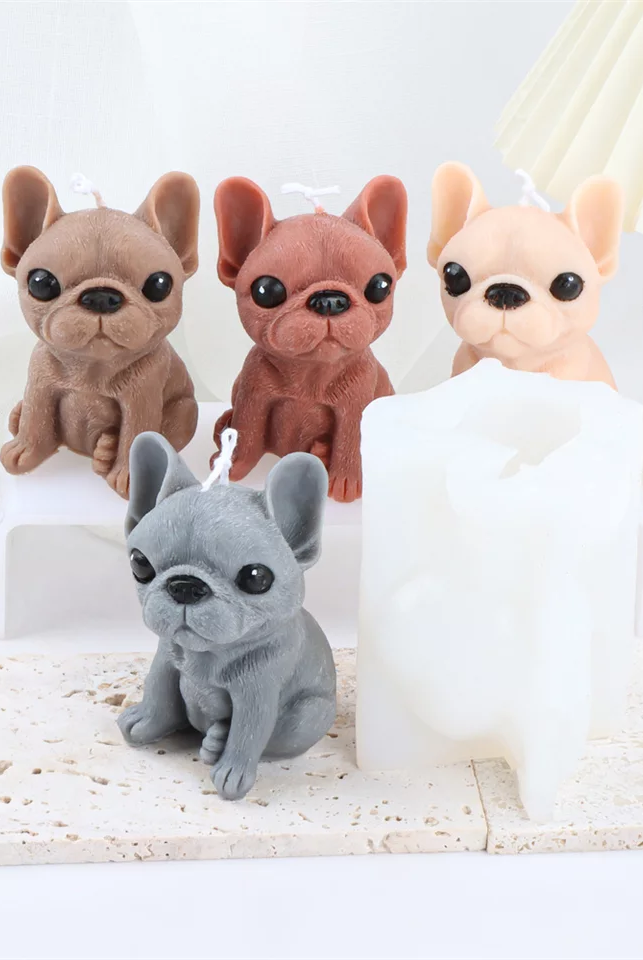 Frenchie Puppy Candle Mould 4 - Silicone Mould, Mold for DIY Candles. Created using candle making kit with cotton candle wicks and candle colour chips. Using soy wax for pillar candles. Sold by Myka Candles Moulds Australia