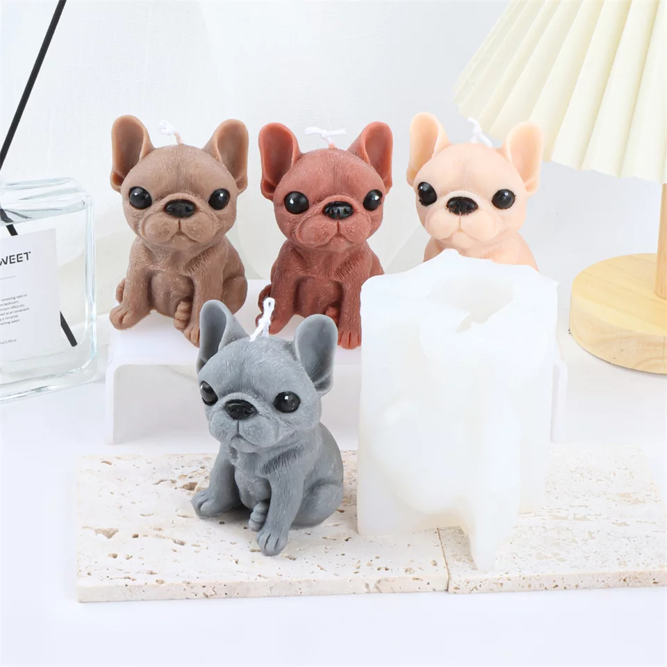 Frenchie Puppy Candle Mould 4 - Silicone Mould, Mold for DIY Candles. Created using candle making kit with cotton candle wicks and candle colour chips. Using soy wax for pillar candles. Sold by Myka Candles Moulds Australia