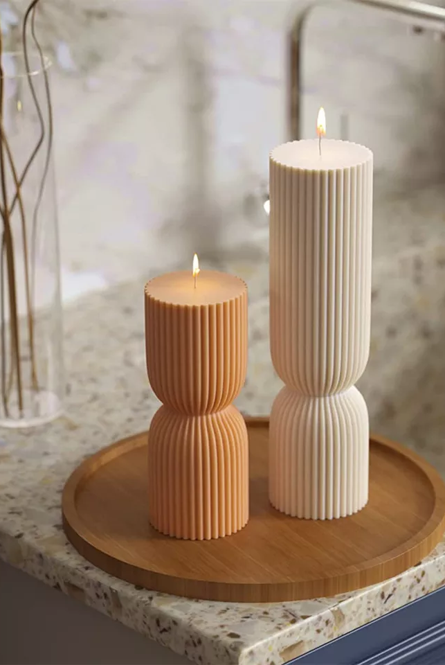 Ribbed Hourglass Candle Moulds 0 - Silicone Mould, Mold for DIY Candles. Created using candle making kit with cotton candle wicks and candle colour chips. Using soy wax for pillar candles. Sold by Myka Candles Moulds Australia