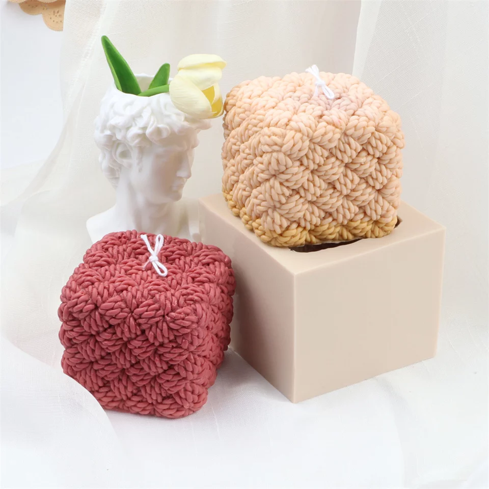 Knitted Cube Candle Mould 5 - Silicone Mould, Mold for DIY Candles. Created using candle making kit with cotton candle wicks and candle colour chips. Using soy wax for pillar candles. Sold by Myka Candles Moulds Australia