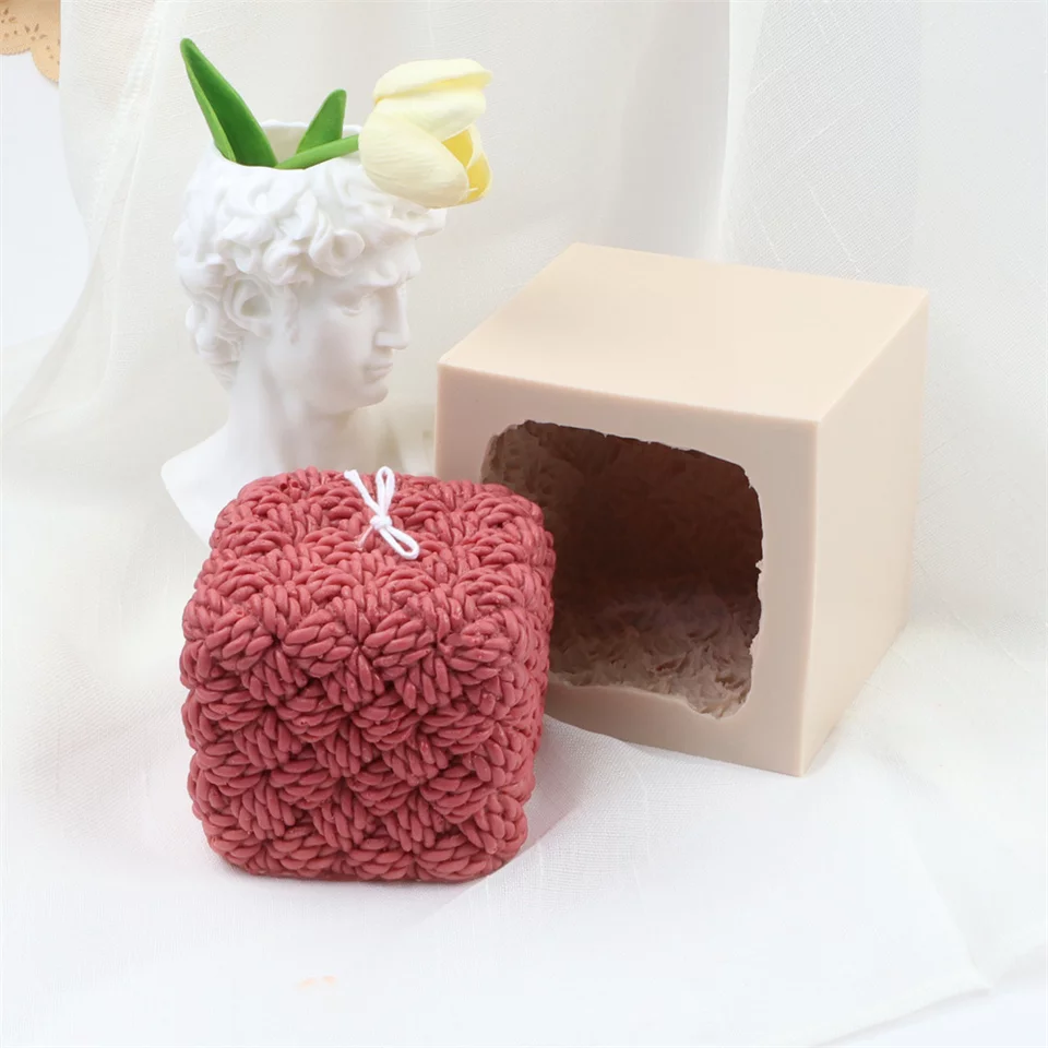Knitted Cube Candle Mould 6 - Silicone Mould, Mold for DIY Candles. Created using candle making kit with cotton candle wicks and candle colour chips. Using soy wax for pillar candles. Sold by Myka Candles Moulds Australia