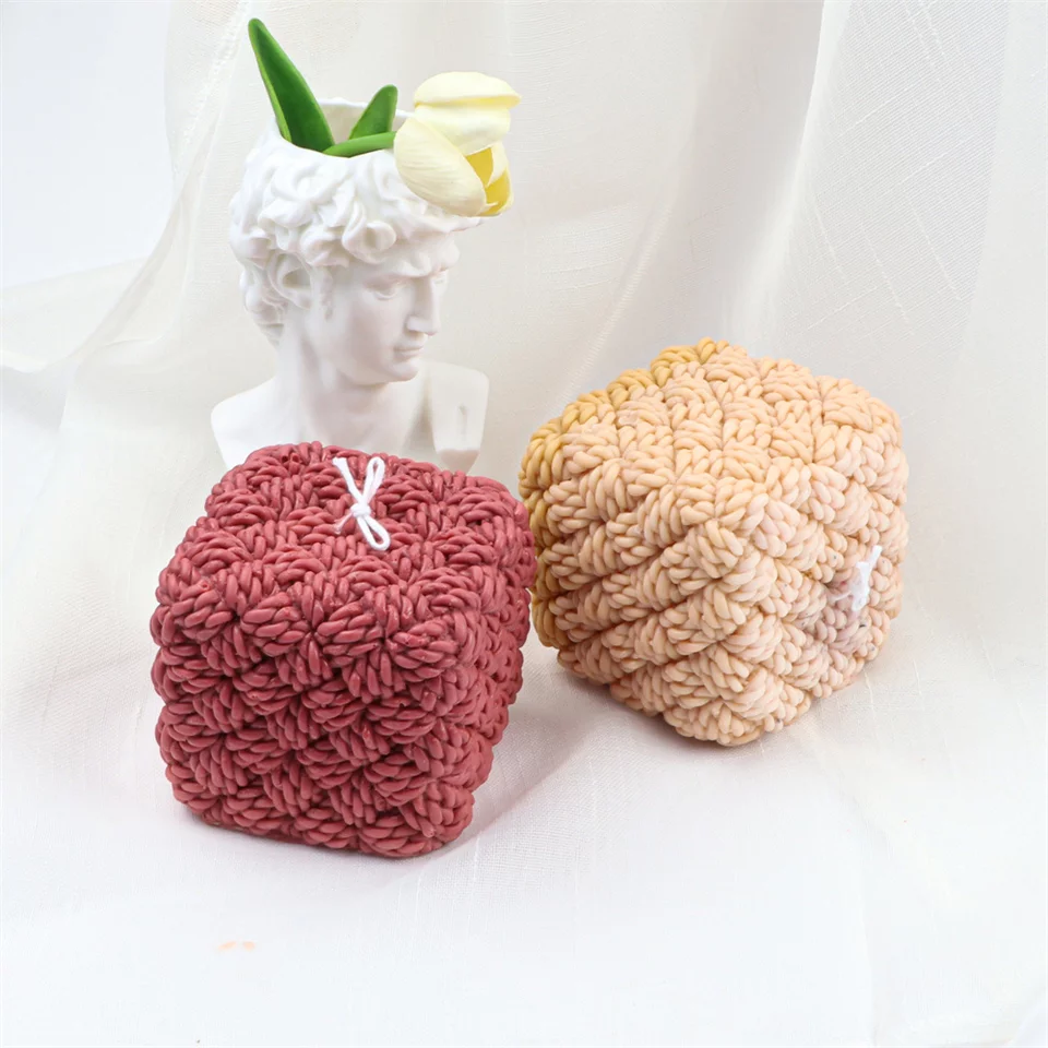 Knitted Cube Candle Mould 3 - Silicone Mould, Mold for DIY Candles. Created using candle making kit with cotton candle wicks and candle colour chips. Using soy wax for pillar candles. Sold by Myka Candles Moulds Australia