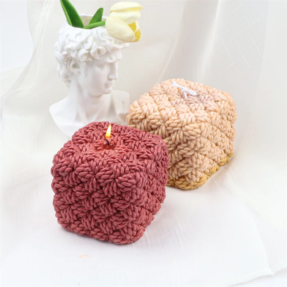 Knitted Cube Candle Mould 2 - Silicone Mould, Mold for DIY Candles. Created using candle making kit with cotton candle wicks and candle colour chips. Using soy wax for pillar candles. Sold by Myka Candles Moulds Australia
