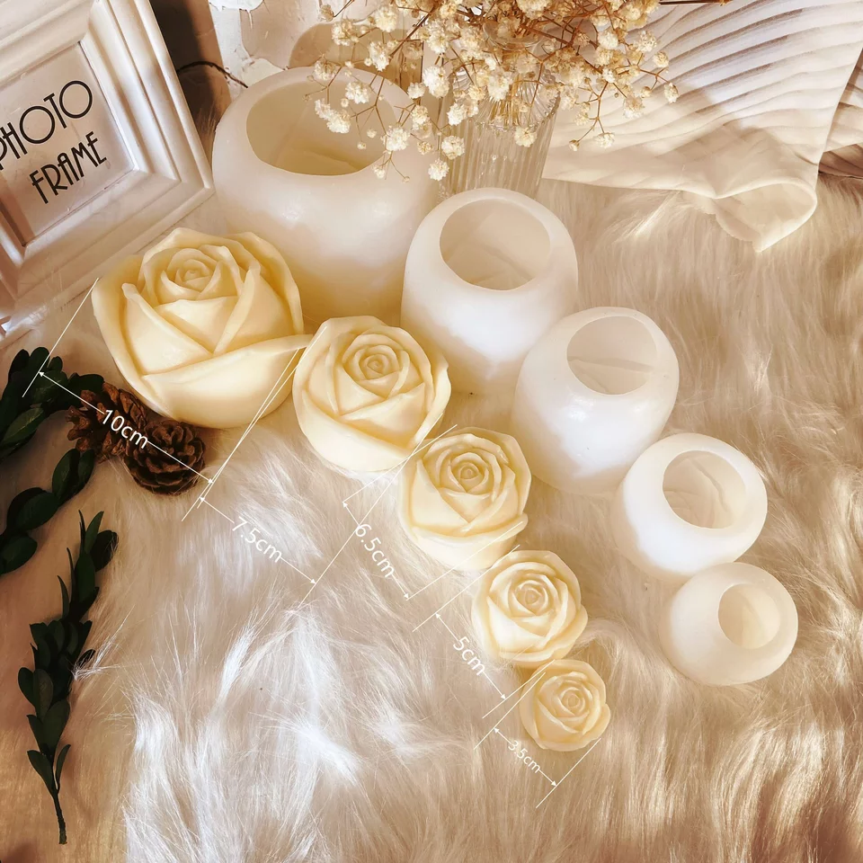 Rose Candle Moulds 4 - Silicone Mould, Mold for DIY Candles. Created using candle making kit with cotton candle wicks and candle colour chips. Using soy wax for pillar candles. Sold by Myka Candles Moulds Australia