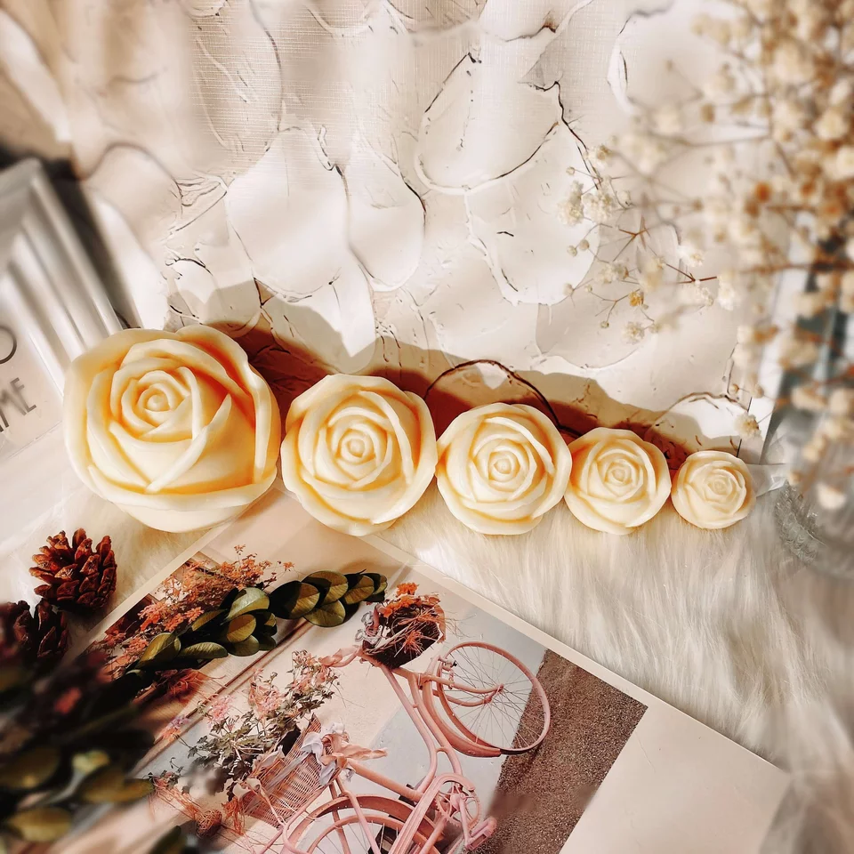 Rose Candle Moulds 3 - Silicone Mould, Mold for DIY Candles. Created using candle making kit with cotton candle wicks and candle colour chips. Using soy wax for pillar candles. Sold by Myka Candles Moulds Australia