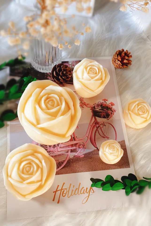 Rose Candle Moulds 2 - Silicone Mould, Mold for DIY Candles. Created using candle making kit with cotton candle wicks and candle colour chips. Using soy wax for pillar candles. Sold by Myka Candles Moulds Australia