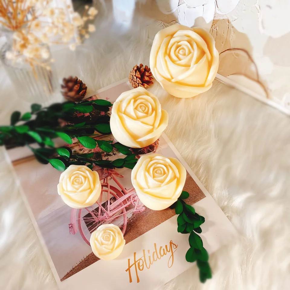 Rose Candle Moulds 1 - Silicone Mould, Mold for DIY Candles. Created using candle making kit with cotton candle wicks and candle colour chips. Using soy wax for pillar candles. Sold by Myka Candles Moulds Australia