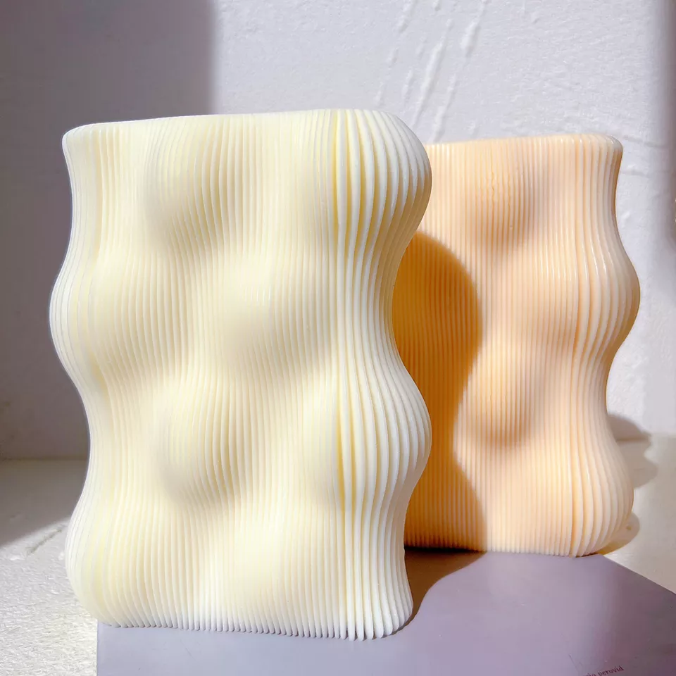 Wavy Vase Candle Mould 2 - Silicone Mould, Mold for DIY Candles. Created using candle making kit with cotton candle wicks and candle colour chips. Using soy wax for pillar candles. Sold by Myka Candles Moulds Australia
