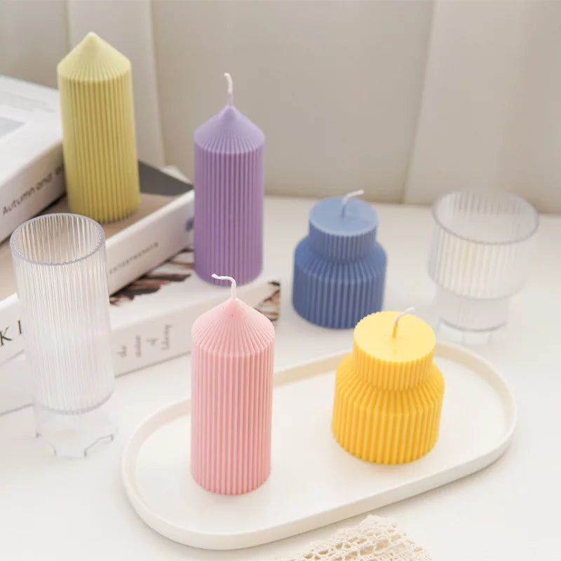Pointy Ribbed Pillar Candle Mould 3 - Silicone Mould, Mold for DIY Candles. Created using candle making kit with cotton candle wicks and candle colour chips. Using soy wax for pillar candles. Sold by Myka Candles Moulds Australia