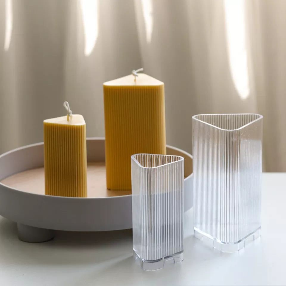 Ribbed Triangular Candle Moulds 1 - Silicone Mould, Mold for DIY Candles. Created using candle making kit with cotton candle wicks and candle colour chips. Using soy wax for pillar candles. Sold by Myka Candles Moulds Australia