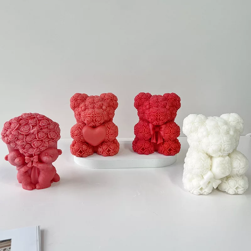 Valentine's Bear Candle Moulds 2 - Silicone Mould, Mold for DIY Candles. Created using candle making kit with cotton candle wicks and candle colour chips. Using soy wax for pillar candles. Sold by Myka Candles Moulds Australia