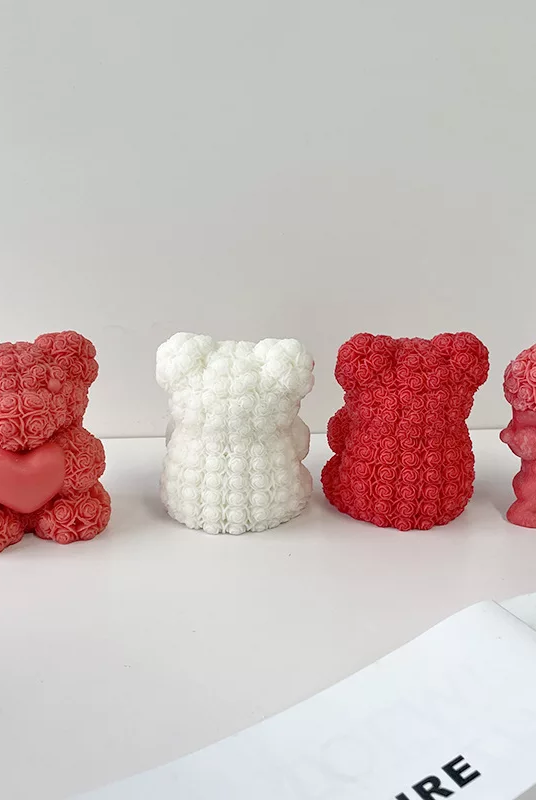 Valentine's Bear Candle Moulds 3 - Silicone Mould, Mold for DIY Candles. Created using candle making kit with cotton candle wicks and candle colour chips. Using soy wax for pillar candles. Sold by Myka Candles Moulds Australia