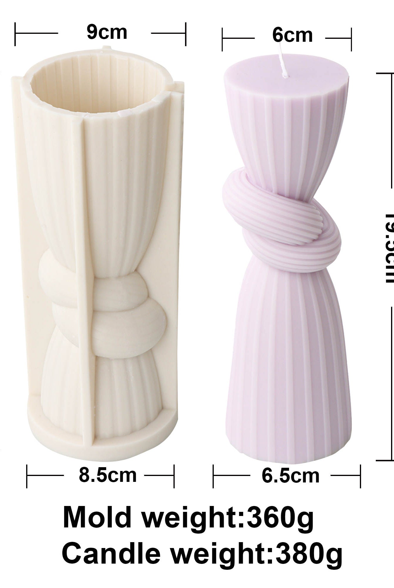 Tie the Knot Pillar Candle Mould 3 - Silicone Mould, Mold for DIY Candles. Created using candle making kit with cotton candle wicks and candle colour chips. Using soy wax for pillar candles. Sold by Myka Candles Moulds Australia