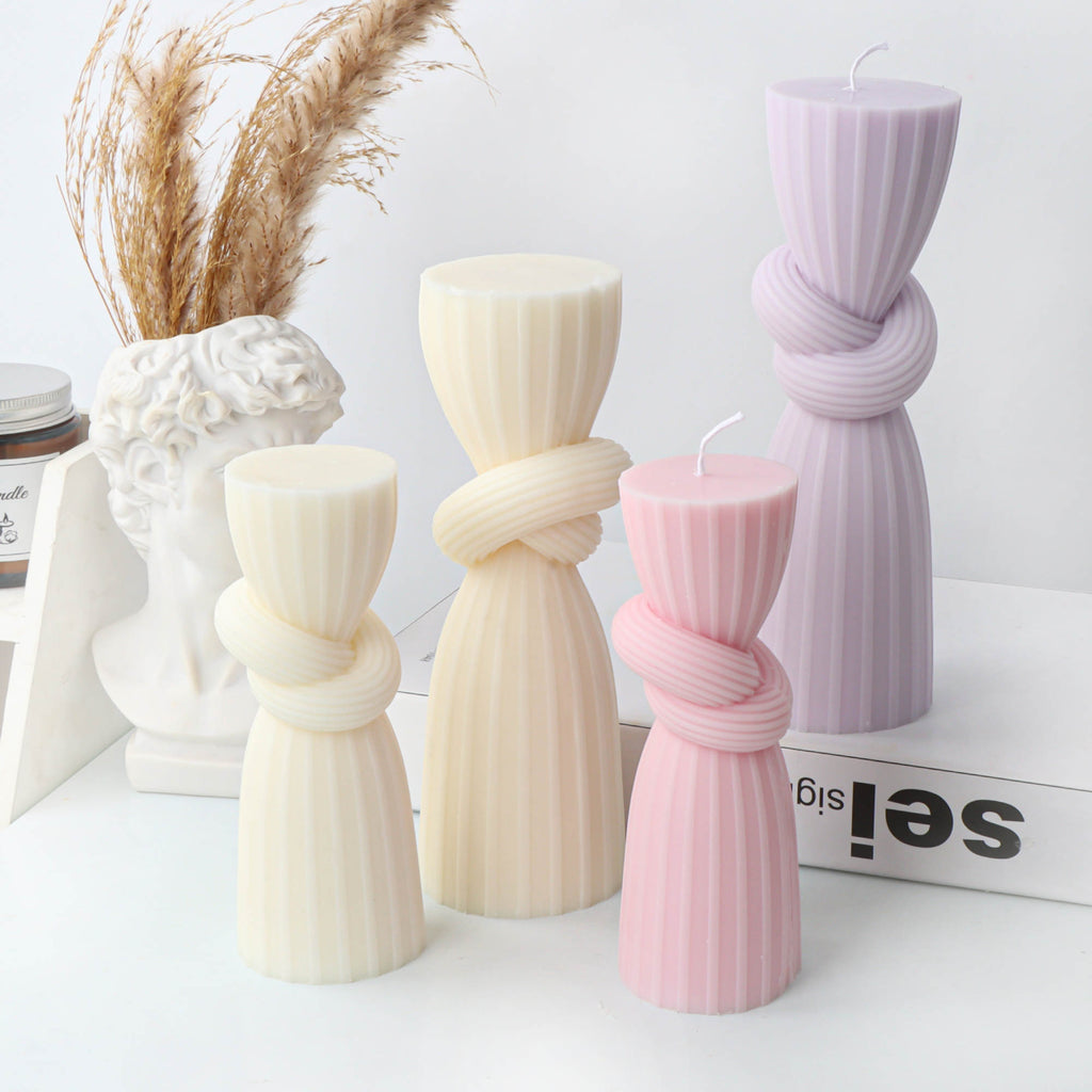 Tie the Knot Pillar Candle Mould 1 - Silicone Mould, Mold for DIY Candles. Created using candle making kit with cotton candle wicks and candle colour chips. Using soy wax for pillar candles. Sold by Myka Candles Moulds Australia