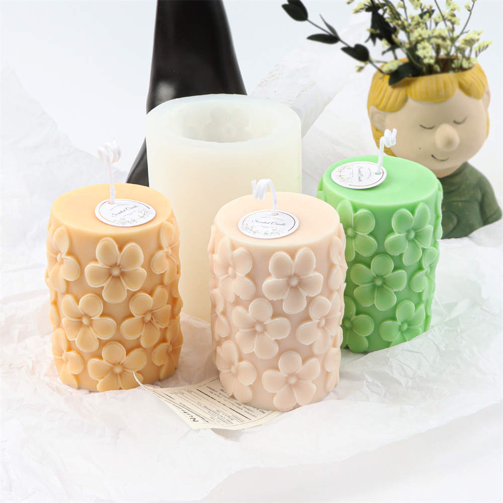 Frangipani Pillar Candle Mould 3 - Silicone Mould, Mold for DIY Candles. Created using candle making kit with cotton candle wicks and candle colour chips. Using soy wax for pillar candles. Sold by Myka Candles Moulds Australia