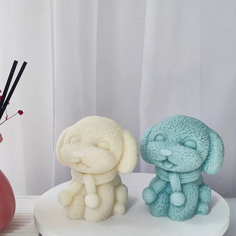 Warm Puppy Candle Mould 1 - Silicone Mould, Mold for DIY Candles. Created using candle making kit with cotton candle wicks and candle colour chips. Using soy wax for pillar candles. Sold by Myka Candles Moulds Australia