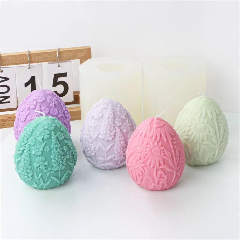 Floral Egg Candle Moulds 3 - Silicone Mould, Mold for DIY Candles. Created using candle making kit with cotton candle wicks and candle colour chips. Using soy wax for pillar candles. Sold by Myka Candles Moulds Australia