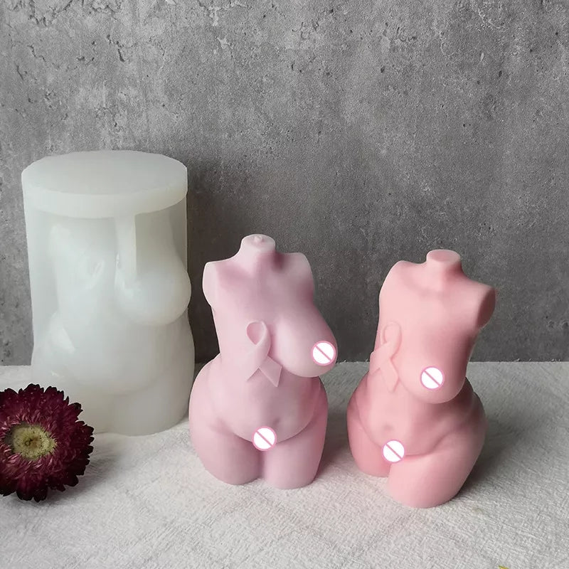 Breast Cancer Voluptuous Body Candle Mould - 10cm 0 - Silicone Mould, Mold for DIY Candles. Created using candle making kit with cotton candle wicks and candle colour chips. Using soy wax for pillar candles. Sold by Myka Candles Moulds Australia