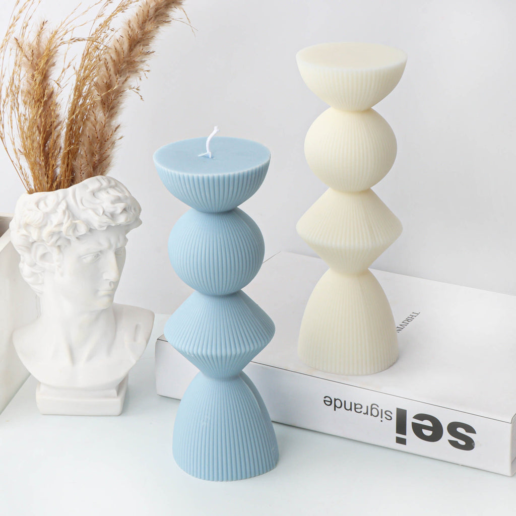 Ribbed Geometric Pillar Candle Mould 0 - Silicone Mould, Mold for DIY Candles. Created using candle making kit with cotton candle wicks and candle colour chips. Using soy wax for pillar candles. Sold by Myka Candles Moulds Australia