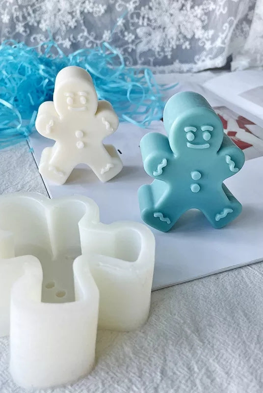 Gingerbread Man Candle Mould 4 - Silicone Mould, Mold for DIY Candles. Created using candle making kit with cotton candle wicks and candle colour chips. Using soy wax for pillar candles. Sold by Myka Candles Moulds Australia
