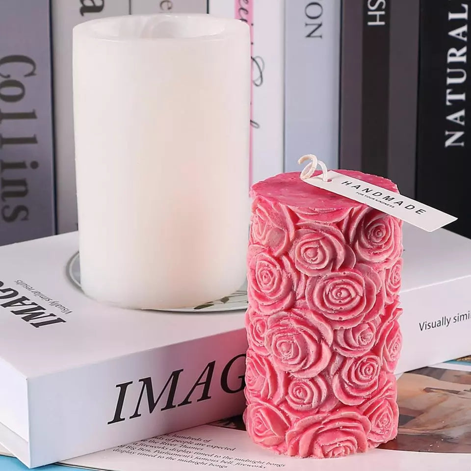 Rose Pillar Candle Mould 0 - Silicone Mould, Mold for DIY Candles. Created using candle making kit with cotton candle wicks and candle colour chips. Using soy wax for pillar candles. Sold by Myka Candles Moulds Australia