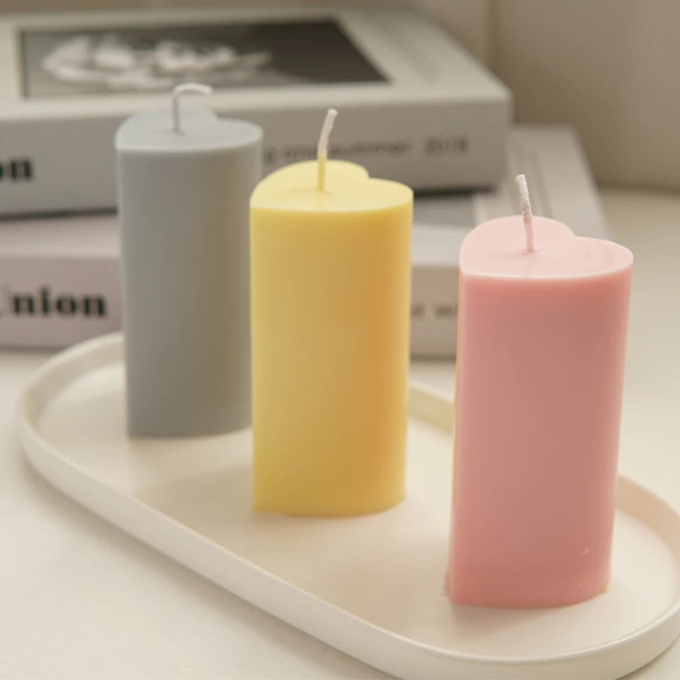 Heart Pillar Candle Mould 1 - Silicone Mould, Mold for DIY Candles. Created using candle making kit with cotton candle wicks and candle colour chips. Using soy wax for pillar candles. Sold by Myka Candles Moulds Australia