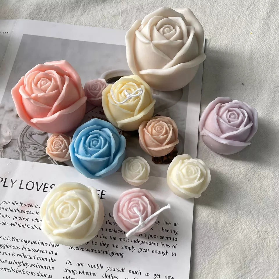 Rose Candle Moulds 5 - Silicone Mould, Mold for DIY Candles. Created using candle making kit with cotton candle wicks and candle colour chips. Using soy wax for pillar candles. Sold by Myka Candles Moulds Australia