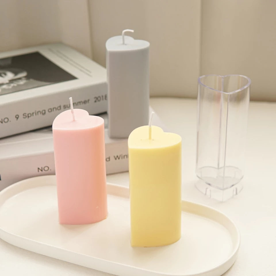 Heart Pillar Candle Mould 2 - Silicone Mould, Mold for DIY Candles. Created using candle making kit with cotton candle wicks and candle colour chips. Using soy wax for pillar candles. Sold by Myka Candles Moulds Australia