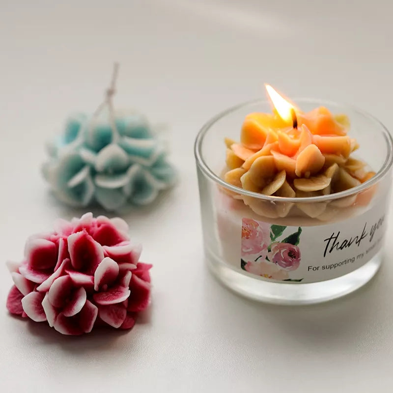 Hydrangea Candle Mould 0 - Silicone Mould, Mold for DIY Candles. Created using candle making kit with cotton candle wicks and candle colour chips. Using soy wax for pillar candles. Sold by Myka Candles Moulds Australia