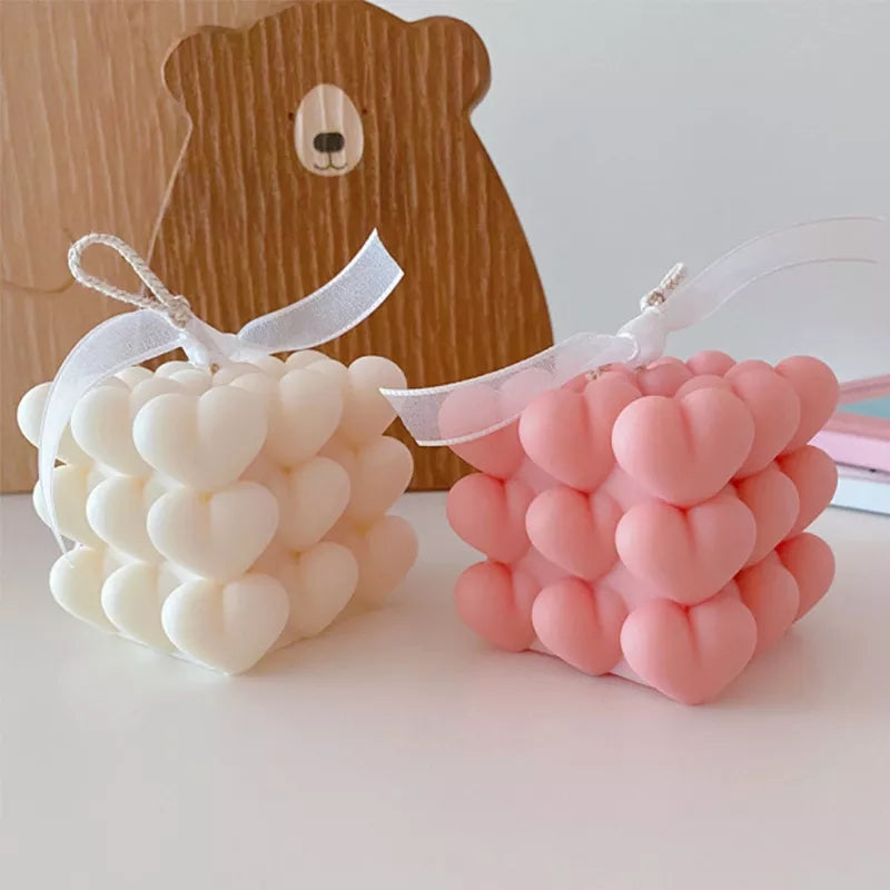 Durable 2-Cavity Heart Cube Candle Mould silicone candle mould by MYKA Candles and Moulds, ideal for resin moulds, soap moulds, and cake mould creations.