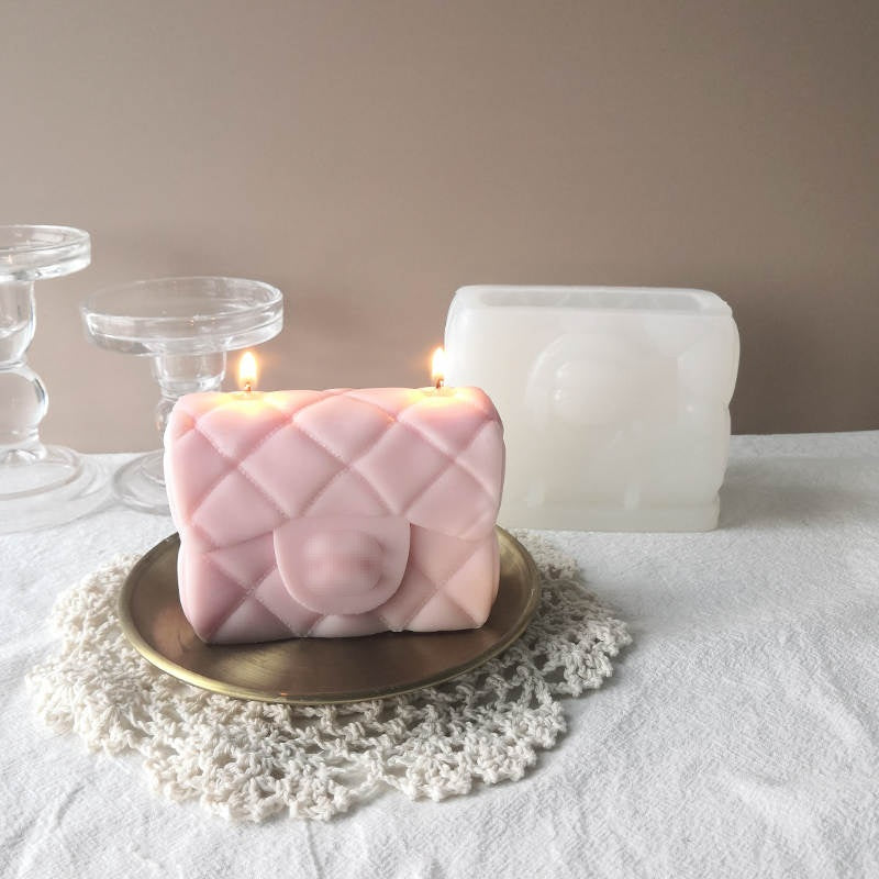 Small Coco Handbag Candle Mould 1 - Silicone Mould, Mold for DIY Candles. Created using candle making kit with cotton candle wicks and candle colour chips. Using soy wax for pillar candles. Sold by Myka Candles Moulds Australia