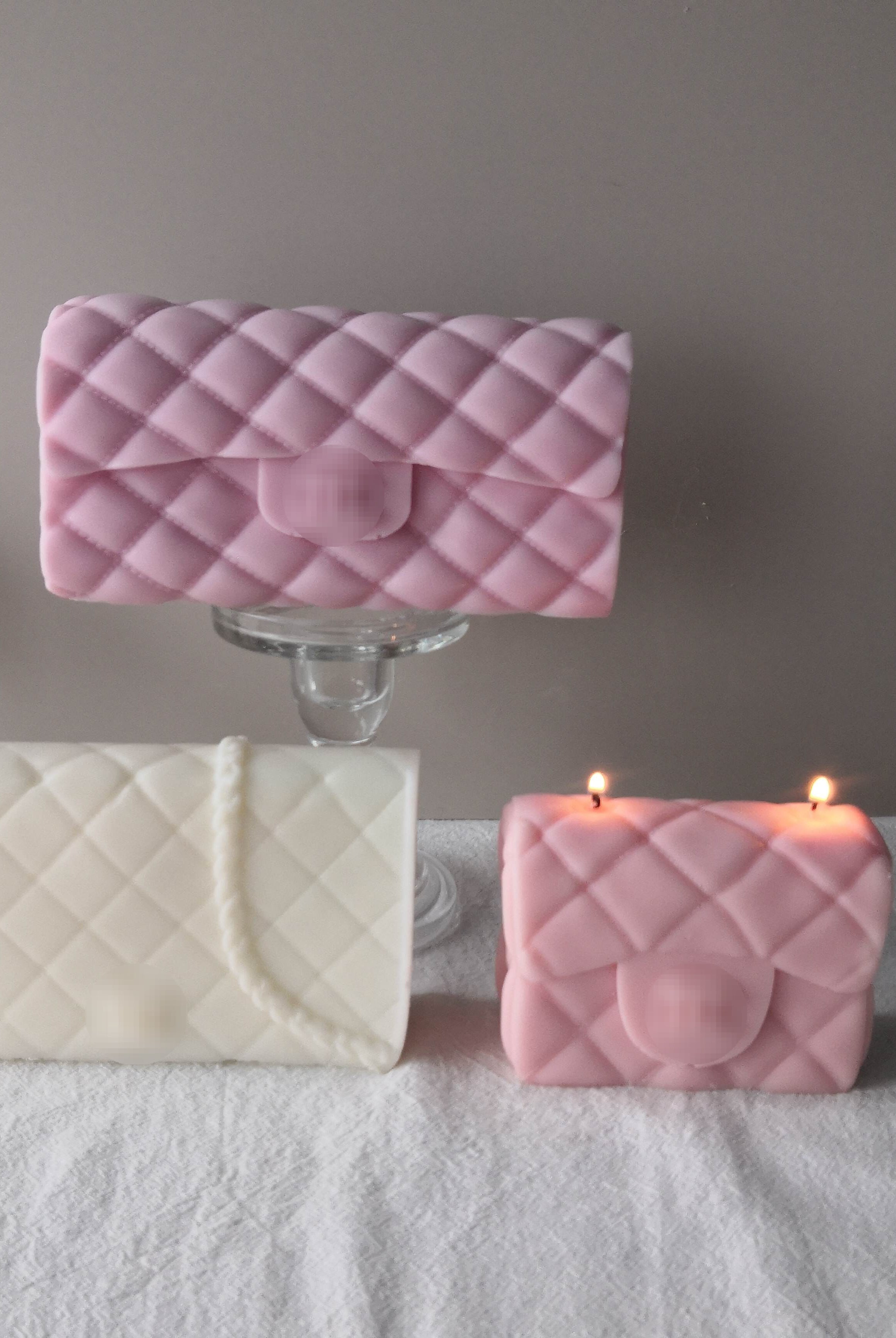 Designer Handbag Large 9 1 - Silicone Mould, Mold for DIY Candles. Created using candle making kit with cotton candle wicks and candle colour chips. Using soy wax for pillar candles. Sold by Myka Candles Moulds Australia