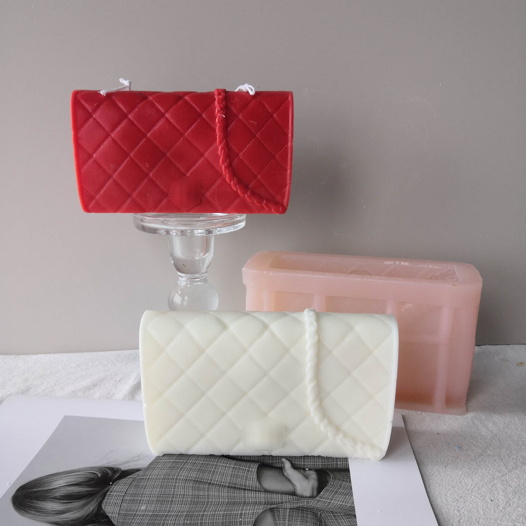 Chain Coco Handbag Candle Mould 1 - Silicone Mould, Mold for DIY Candles. Created using candle making kit with cotton candle wicks and candle colour chips. Using soy wax for pillar candles. Sold by Myka Candles Moulds Australia