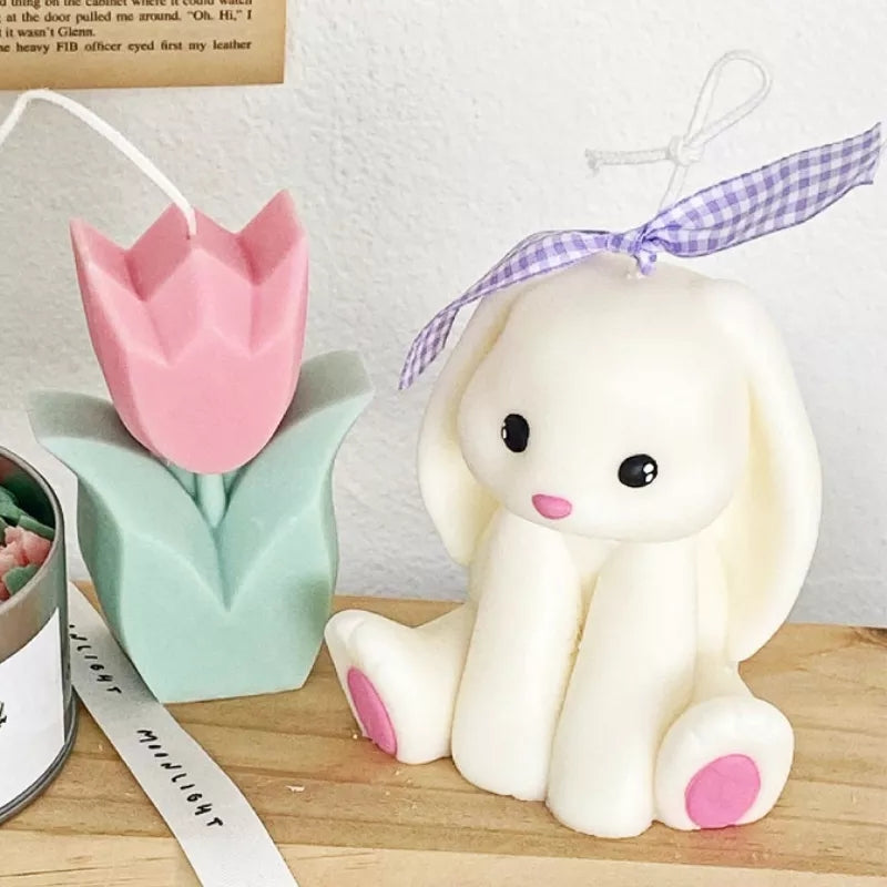 Bunny Rabbit Candle Mould 3 - Silicone Mould, Mold for DIY Candles. Created using candle making kit with cotton candle wicks and candle colour chips. Using soy wax for pillar candles. Sold by Myka Candles Moulds Australia