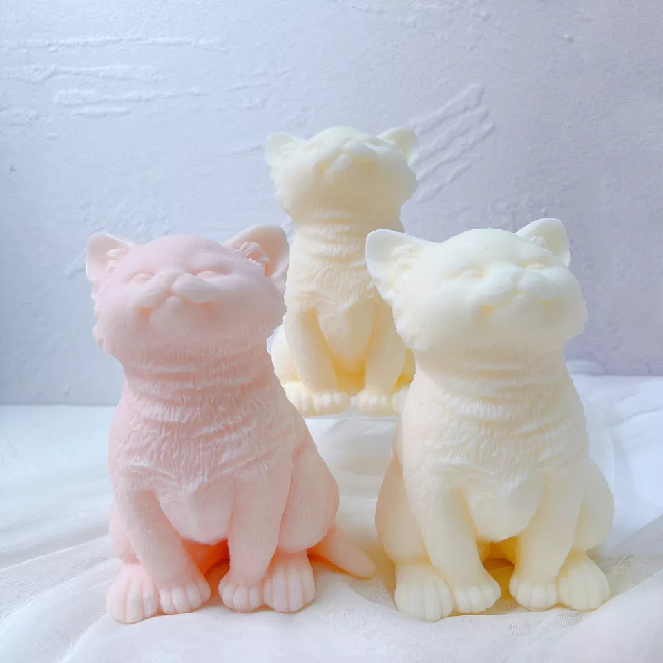 Kitten Candle Mould 6 - Silicone Mould, Mold for DIY Candles. Created using candle making kit with cotton candle wicks and candle colour chips. Using soy wax for pillar candles. Sold by Myka Candles Moulds Australia