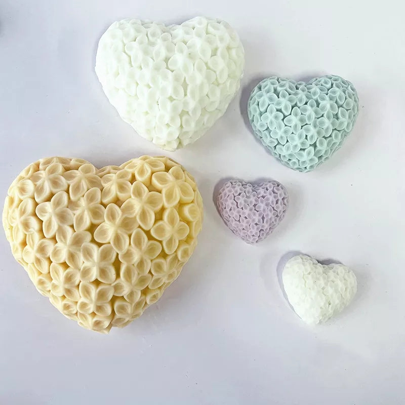 Flower Heart Candle Mould 4 - Silicone Mould, Mold for DIY Candles. Created using candle making kit with cotton candle wicks and candle colour chips. Using soy wax for pillar candles. Sold by Myka Candles Moulds Australia