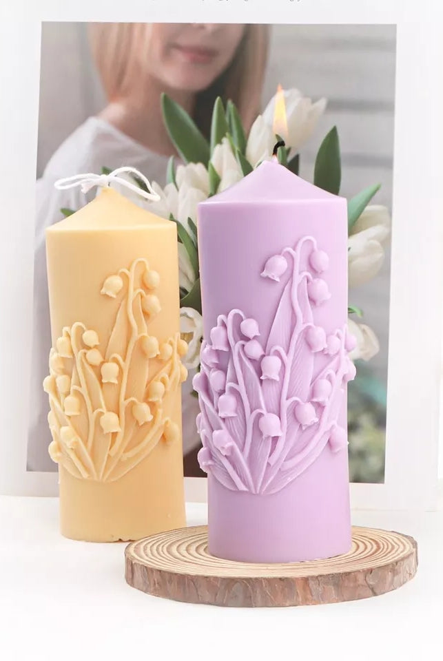 Lily of the Valley Candle Mould 2 - Silicone Mould, Mold for DIY Candles. Created using candle making kit with cotton candle wicks and candle colour chips. Using soy wax for pillar candles. Sold by Myka Candles Moulds Australia