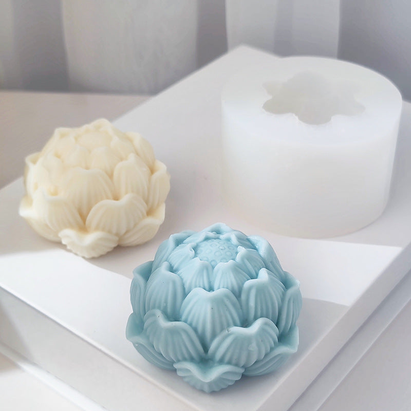 Blooming Lotus Candle Mould 4 - Silicone Mould, Mold for DIY Candles. Created using candle making kit with cotton candle wicks and candle colour chips. Using soy wax for pillar candles. Sold by Myka Candles Moulds Australia