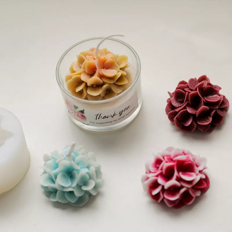 Hydrangea Candle Mould 1 - Silicone Mould, Mold for DIY Candles. Created using candle making kit with cotton candle wicks and candle colour chips. Using soy wax for pillar candles. Sold by Myka Candles Moulds Australia