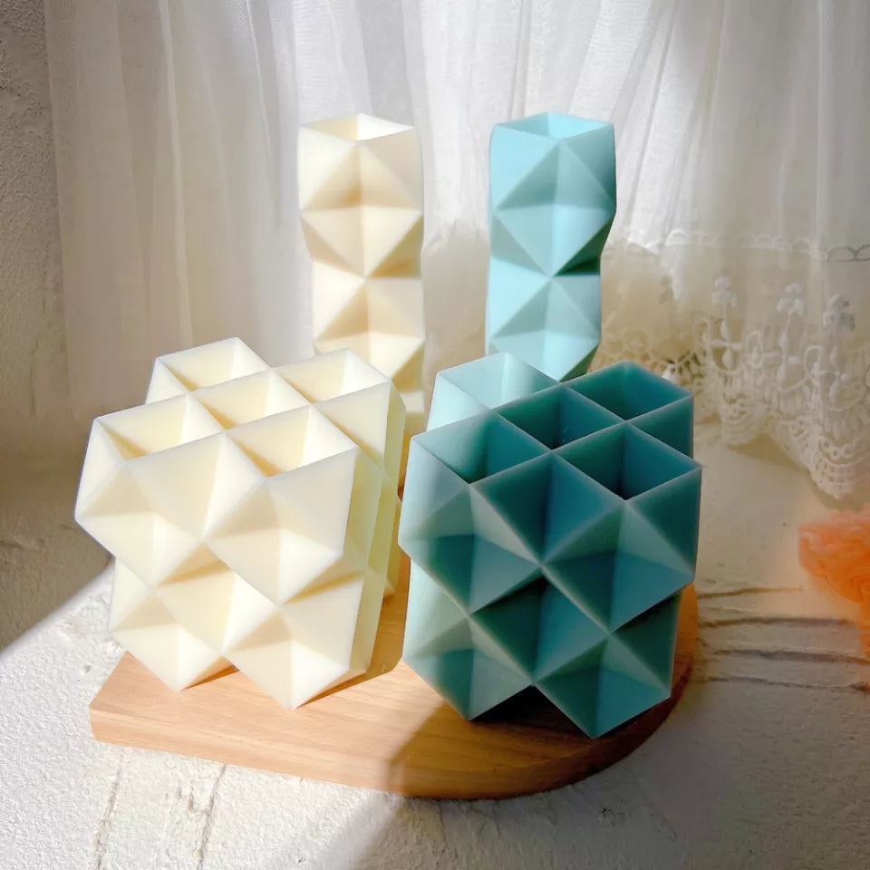 Diamond Cube Candle Mould 1 - Silicone Mould, Mold for DIY Candles. Created using candle making kit with cotton candle wicks and candle colour chips. Using soy wax for pillar candles. Sold by Myka Candles Moulds Australia