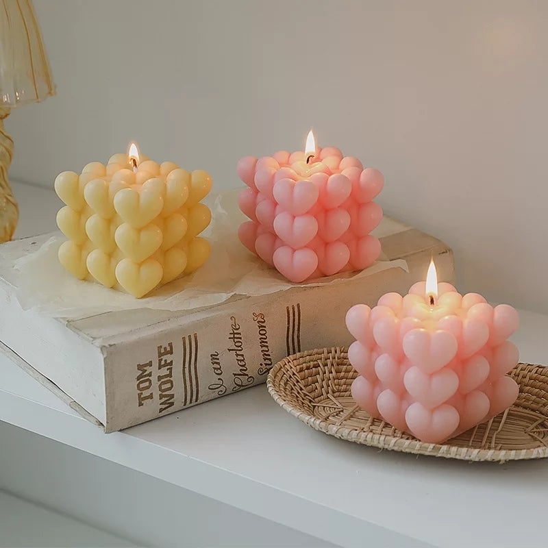 Heart Cube Candle Moulds 0 - Silicone Mould, Mold for DIY Candles. Created using candle making kit with cotton candle wicks and candle colour chips. Using soy wax for pillar candles. Sold by Myka Candles Moulds Australia
