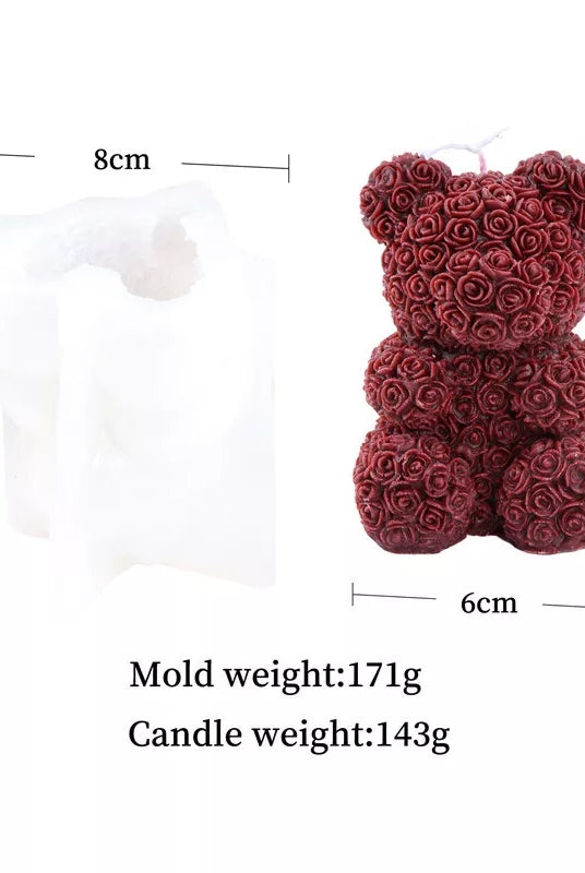 Rose Bear Candle Mould 3 - Silicone Mould, Mold for DIY Candles. Created using candle making kit with cotton candle wicks and candle colour chips. Using soy wax for pillar candles. Sold by Myka Candles Moulds Australia