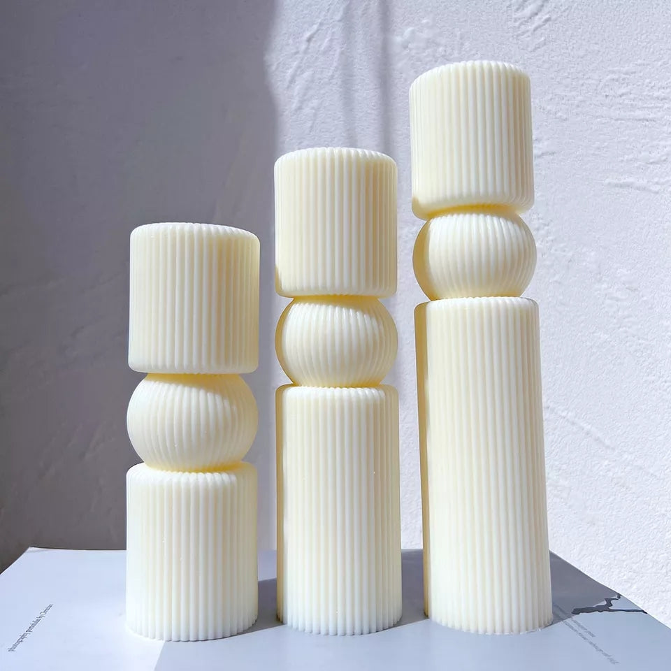 Ribbed Column Candle Moulds 0 - Silicone Mould, Mold for DIY Candles. Created using candle making kit with cotton candle wicks and candle colour chips. Using soy wax for pillar candles. Sold by Myka Candles Moulds Australia